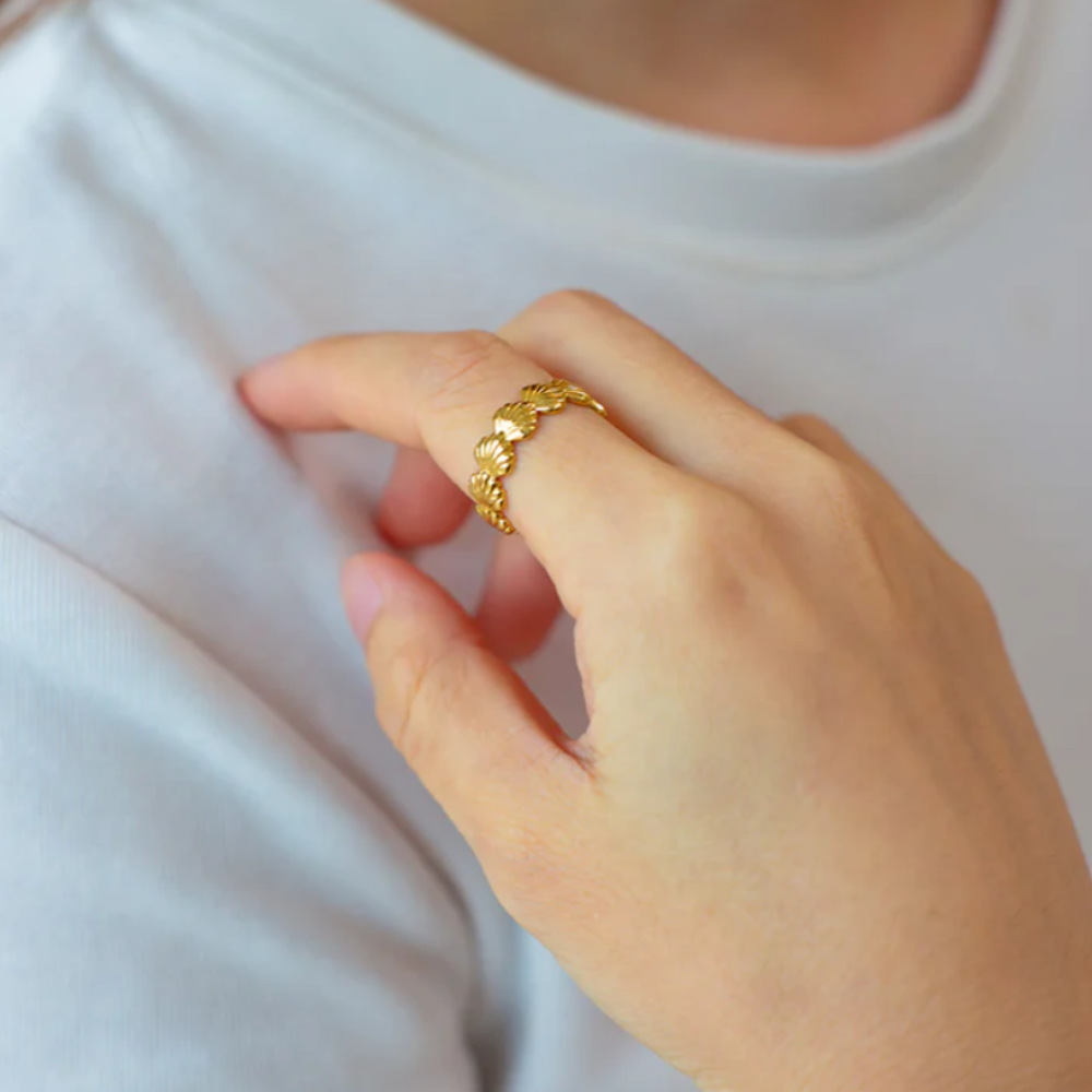 Bague ajustable en forme de coquillage, plaquée or 18 carats, en acier inoxydable