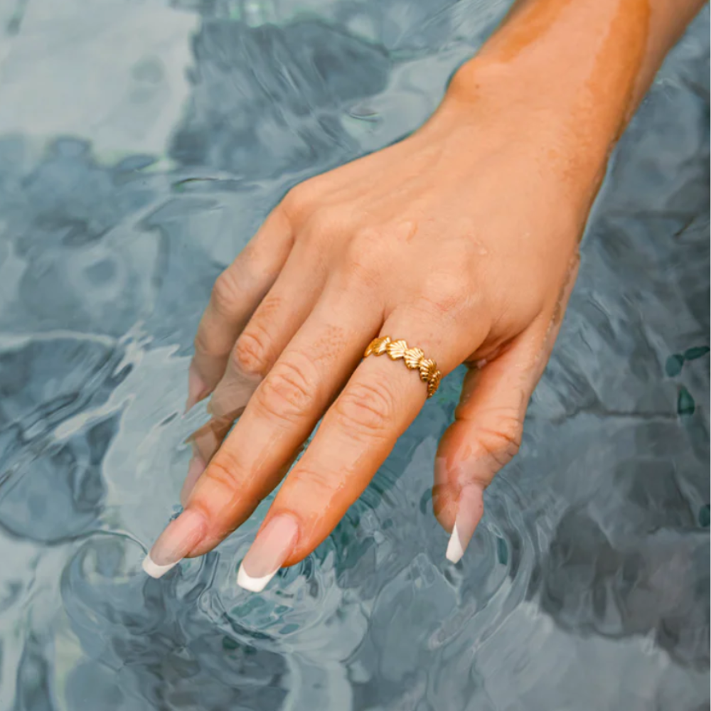 Bague ajustable en forme de coquillage, plaquée or 18 carats, en acier inoxydable