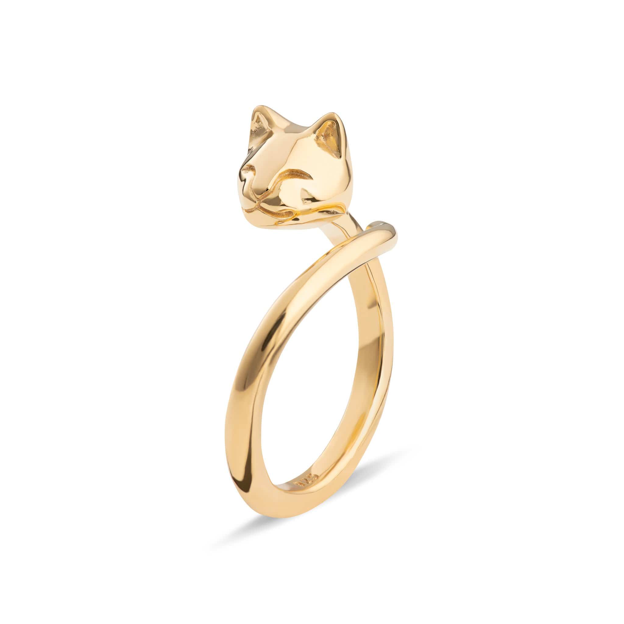 Bague ouverte chat en argent 925 plaqué or, ajustable, 20 mm, motif tête et queue de chat