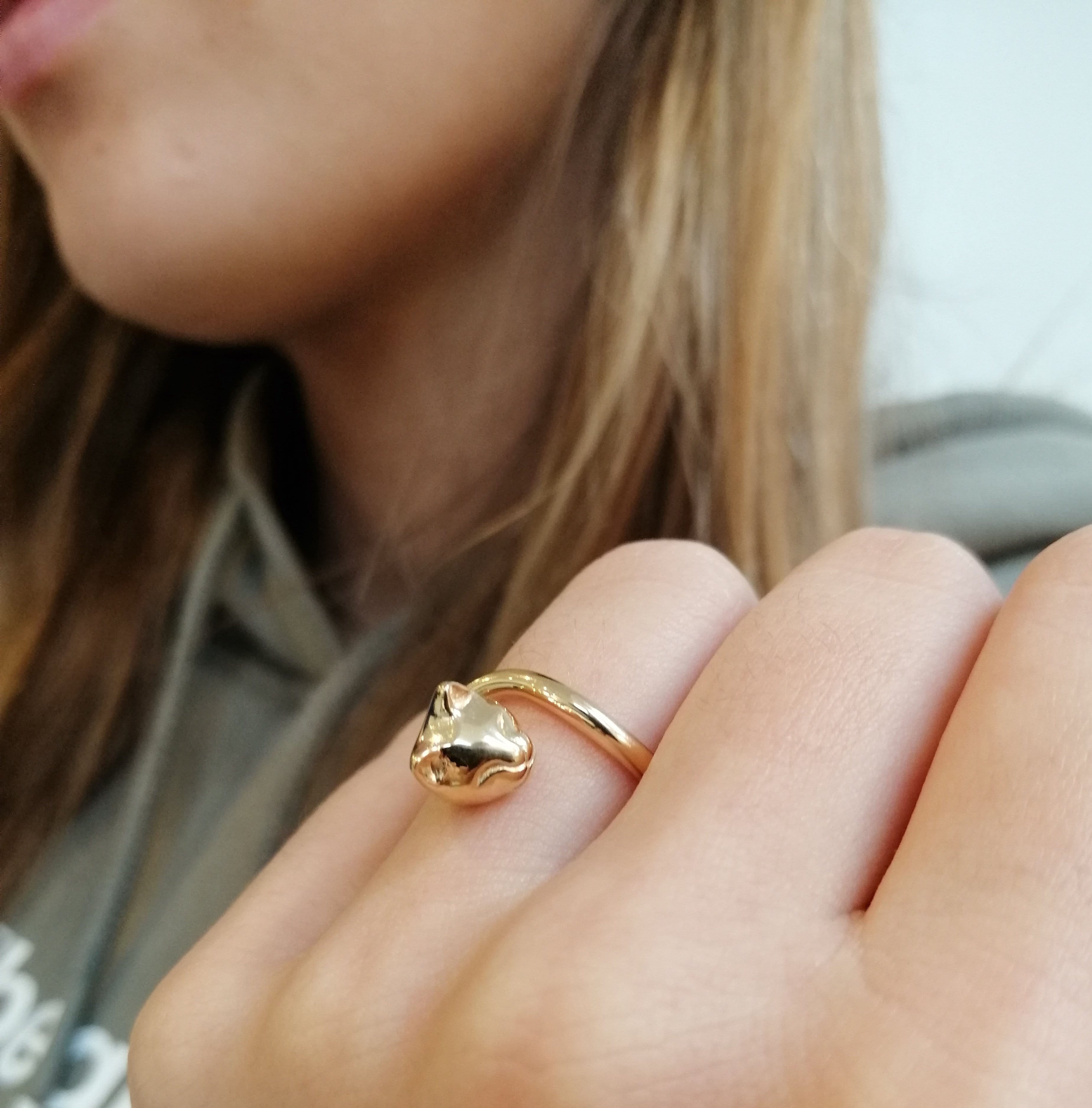 Bague ouverte chat en argent 925 plaqué or, ajustable, 20 mm, motif tête et queue de chat