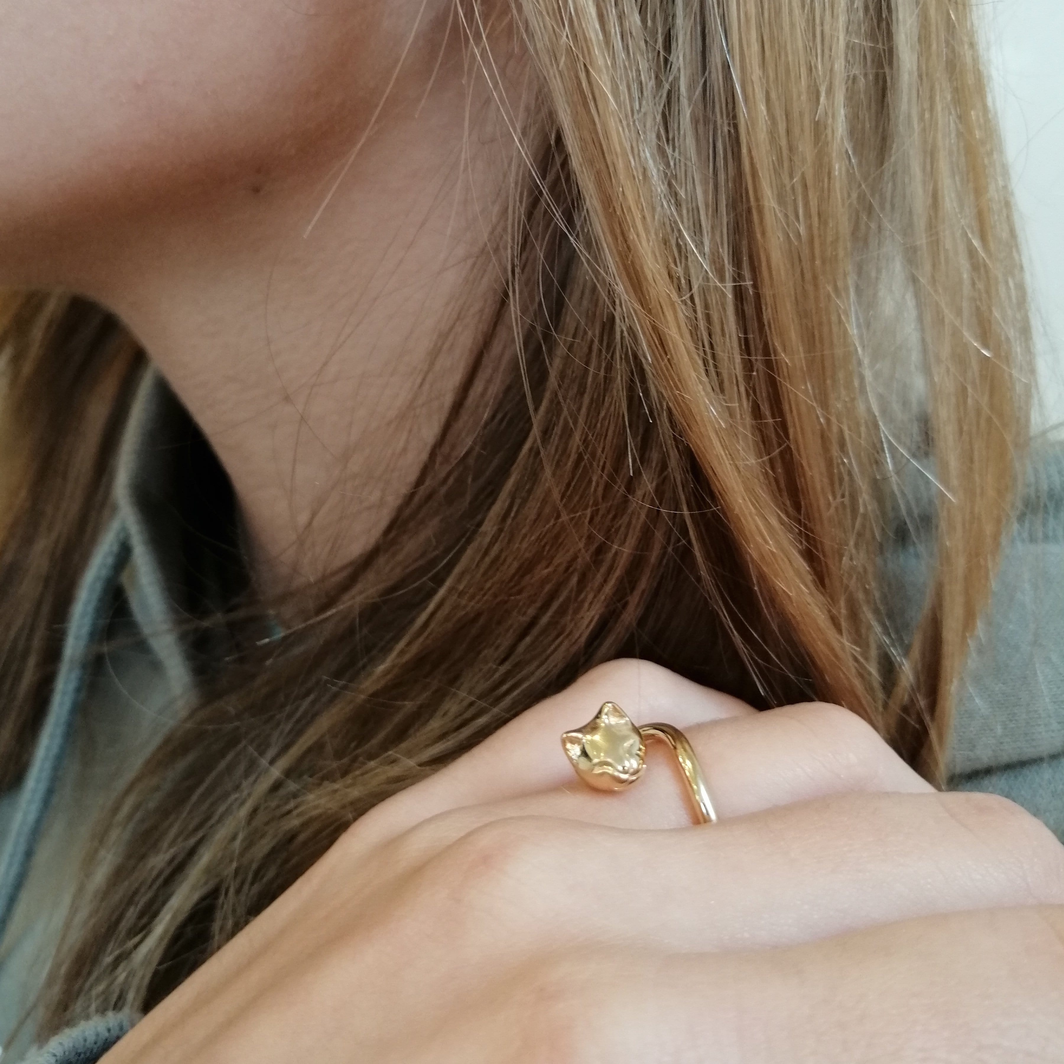 Bague ouverte chat en argent 925 plaqué or, ajustable, 20 mm, motif tête et queue de chat