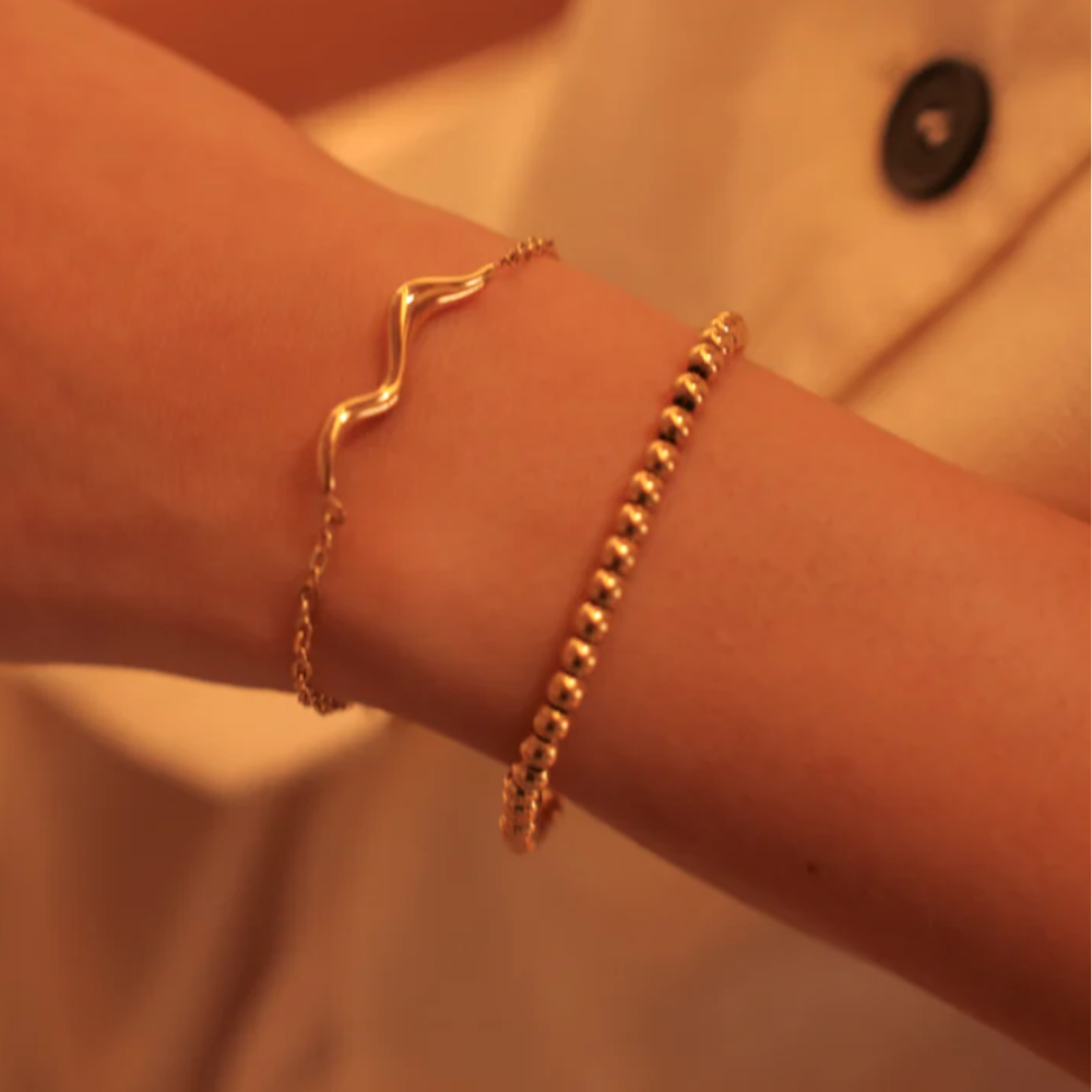 Bracelet à billes en acier inoxydable plaqué or jaune 18 carats