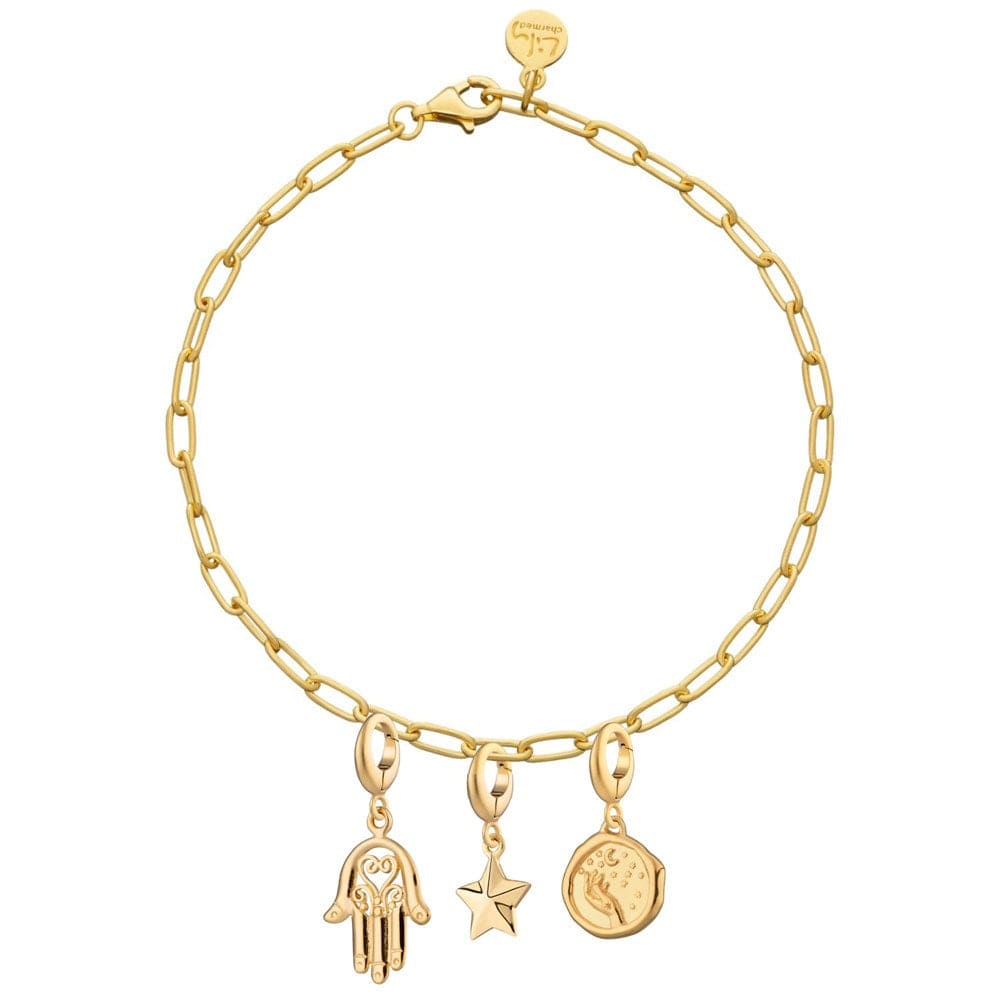 Bracelet à breloques Fatima en argent sterling plaqué or, étoile de la main, 20 cm, ajustable