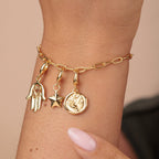 Bracelet à breloques Fatima en argent sterling plaqué or, étoile de la main, 20 cm, ajustable