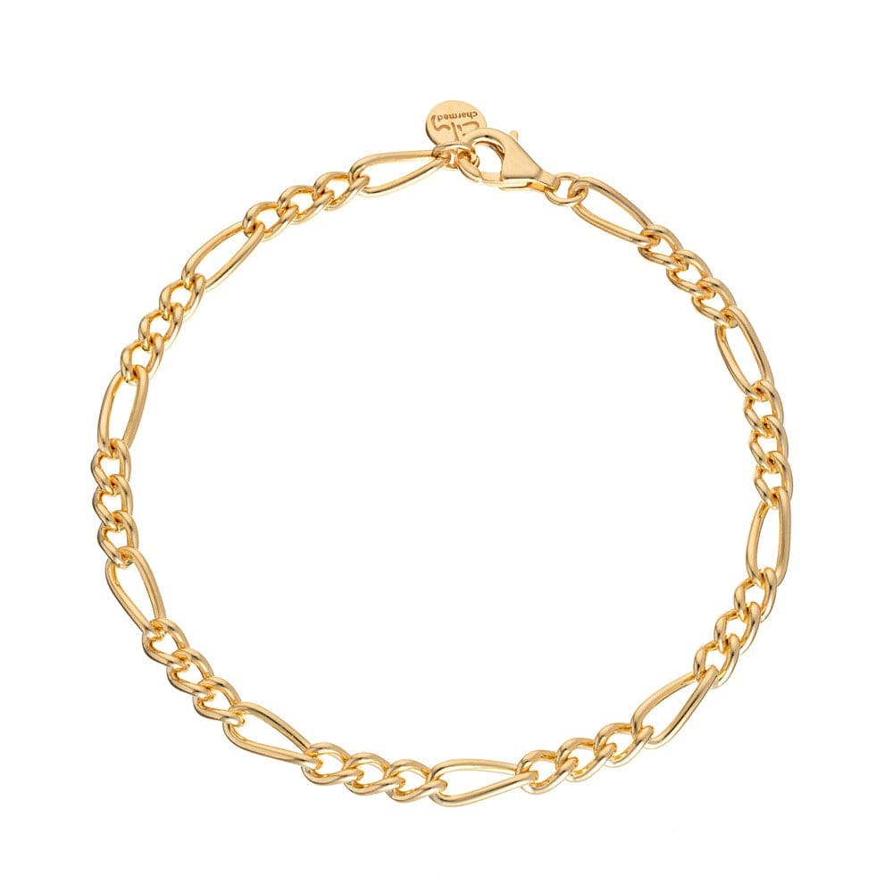 Bracelet à breloques Figaro en argent sterling plaqué or 18 carats, 20 cm, fermoir mousqueton ajustable