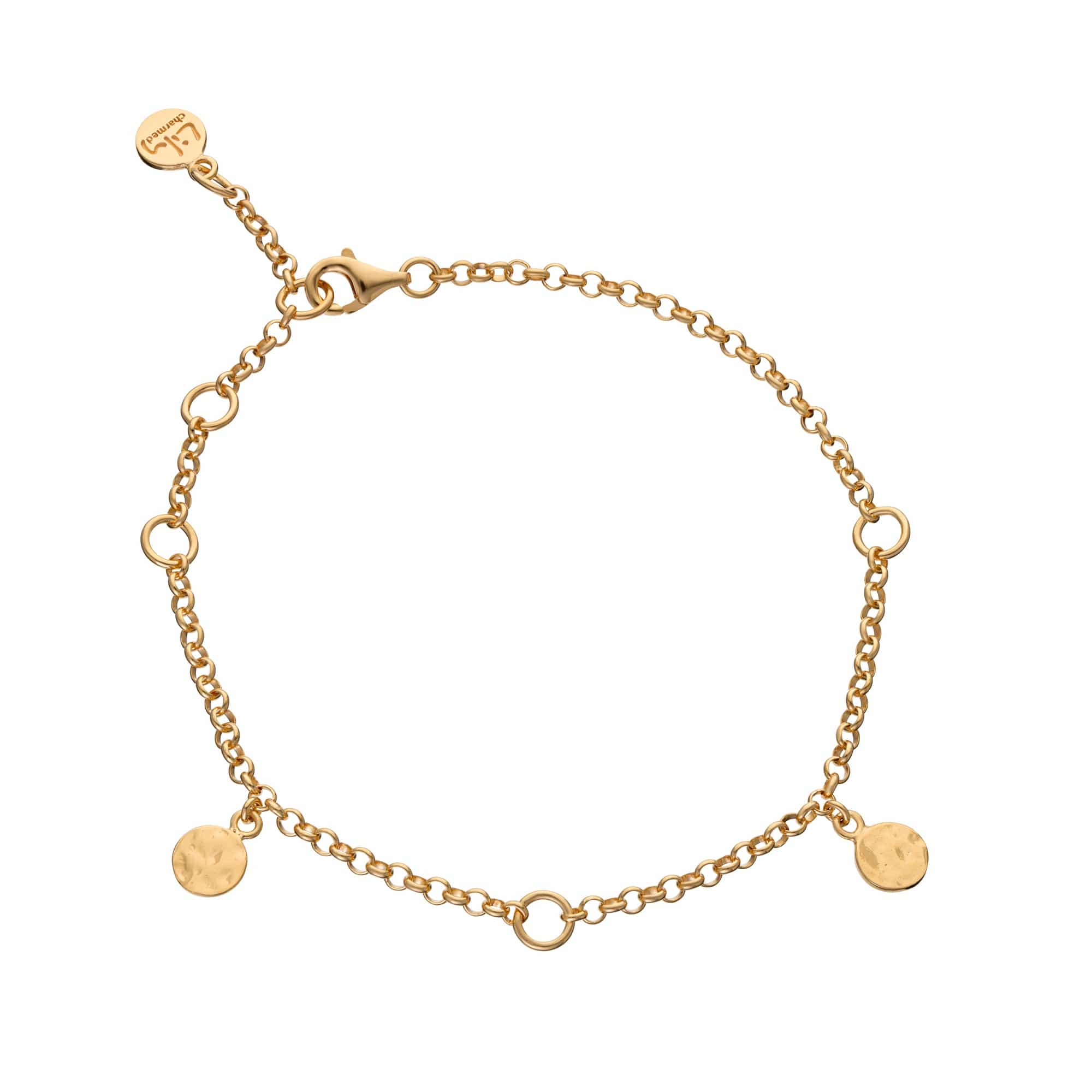Bracelet à breloques en argent sterling plaqué or 18 carats, disque martelé, 20 cm ou 23 cm, ajustable